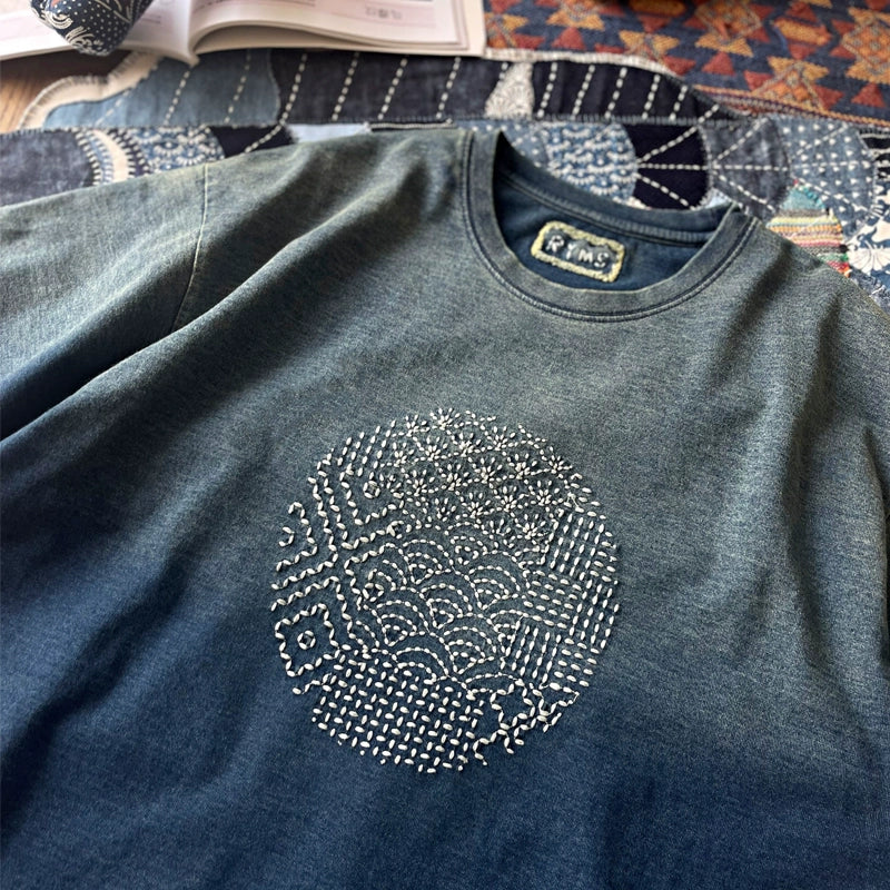 Gradient indigo dyed sashiko embroidery craft loose silhouette cotton youth men's round neck Japanese style short-sleeved T-shirt men's fashion