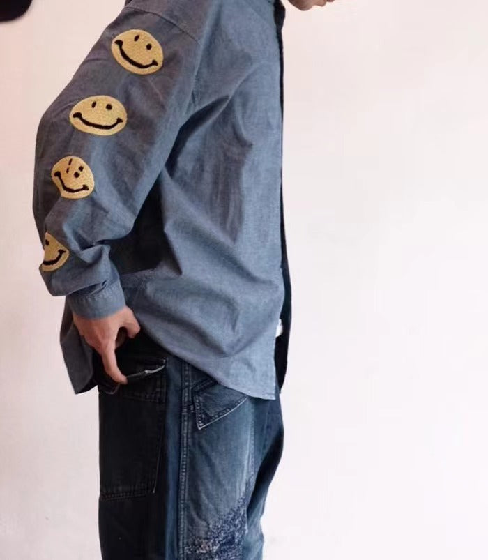 Vintage Hirata and Hiroshi Nippon Heavy Industries Smiley Embroidered Men's and Women's Loose Denim Shirts and Jackets