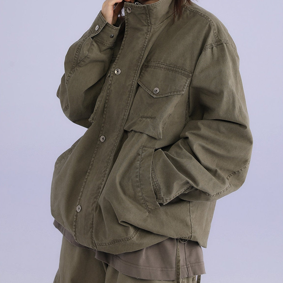 American Retro Stand Collar Cargo Jacket – Loose Unisex Autumn