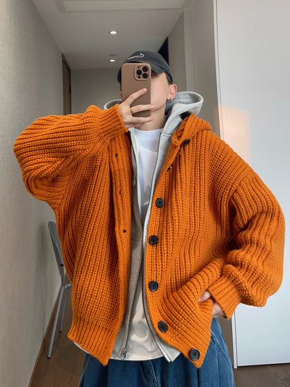 1.5KG Heavyweight Hooded Chunky Knit Button Sweater Coat – Oversized Vintage Winter – Japanese vintage | yamalin clothes | Yamalinclothes