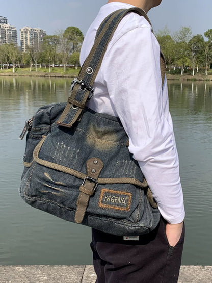 Washed Denim Leather Tote Bag – Vintage 3-Way Shoulder Crossbody Unisex – Bags | japanese streetwear | vintage workwear | unisex | Yamalinclothes