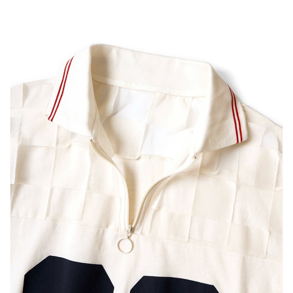 Japanese casual and breathable checkered smiley face print half zip lapel polo shirt