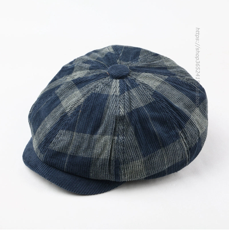 Casual plaid corduroy painter's hat british octagonal hat beret for men and women autumn winter vintage tongue newsboy hat