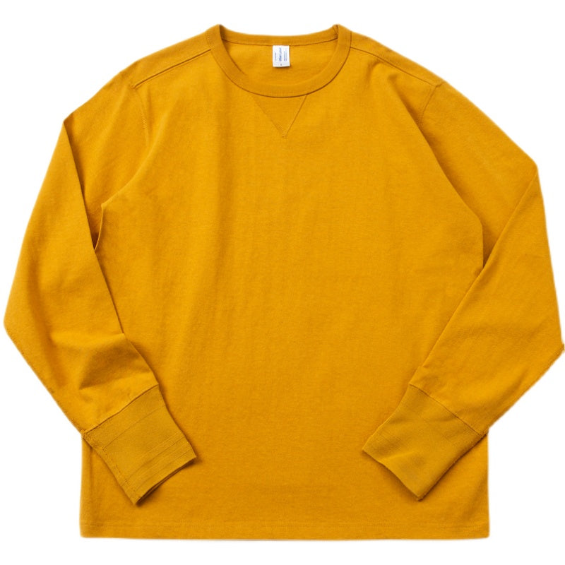 245g Khaki Thick Heavy Retro American Cotton Rugged Cotton Seamless Tube Weaving American Roll Collar Long Sleeve T-Shirt Men