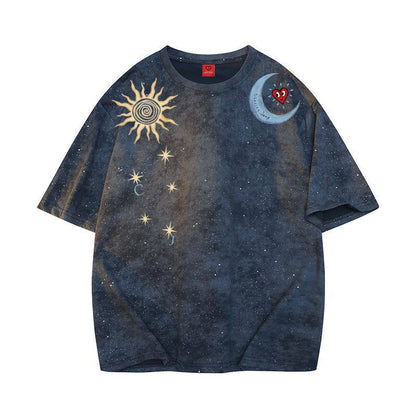 Tie-Dye Sun Moon Print T-Shirt – Loose Unisex Summer Streetwear