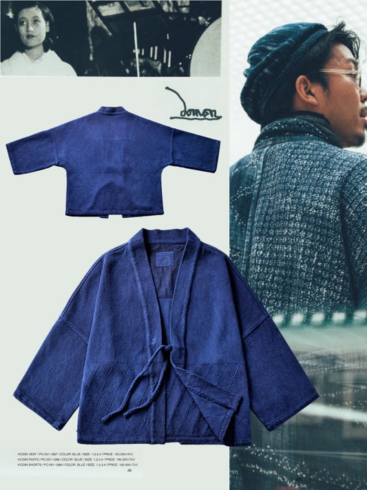 Barb turtle back splicing Taoist jacket retro heavy blue dyed kendo clothing fabric