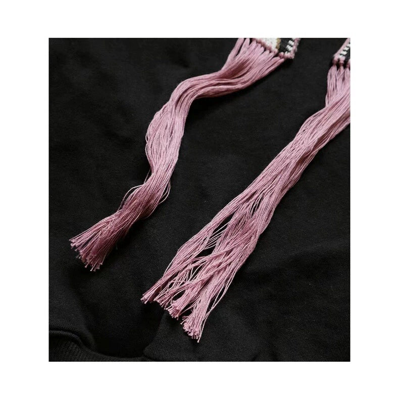 Japanese ethnic style tassels embroidered ribbon casual hooded sweater for men and women