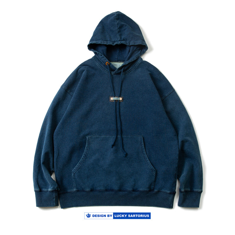 spring and summer new indigo dyed hooded sweater retro presbyopia patchwork men's jacket