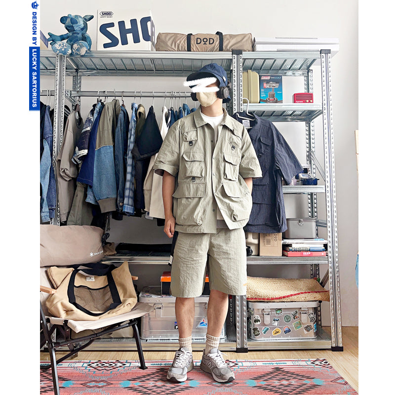 Summer outdoor functional wind three-proof fabric multi-pocket workwear wind multi-pocket loose shirt shorts suit men's wear