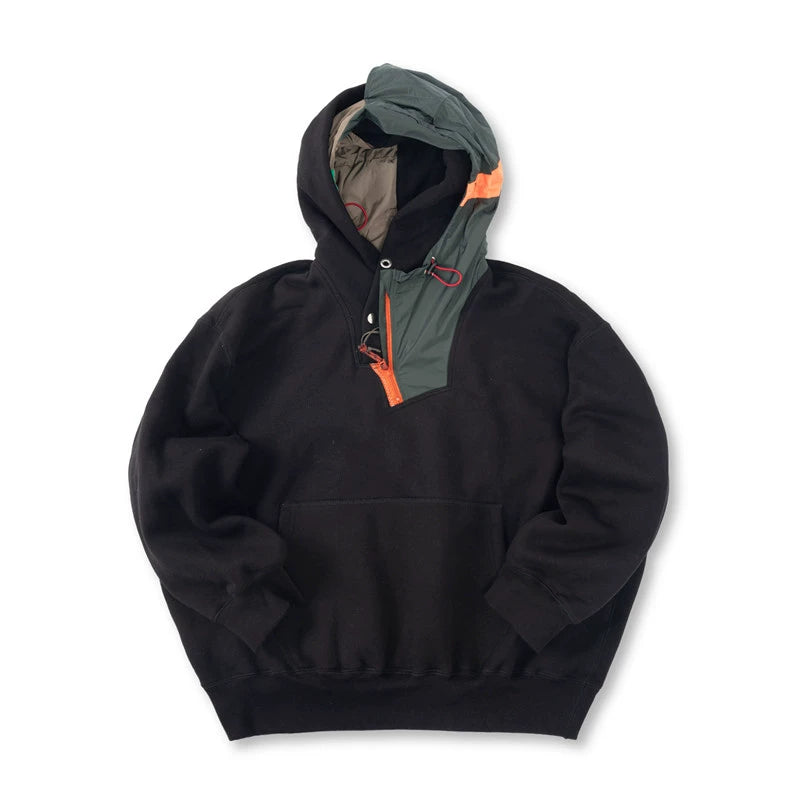 Three-color pure cotton Japanese nylon splicing irregular hooded loose sweatshirt