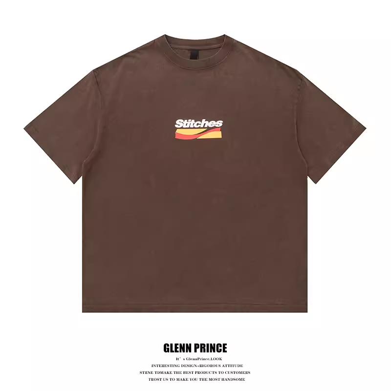 Japanese casual 320g heavy foam print washed short sleeve T-shirt men's summer half sleeve t-shirt