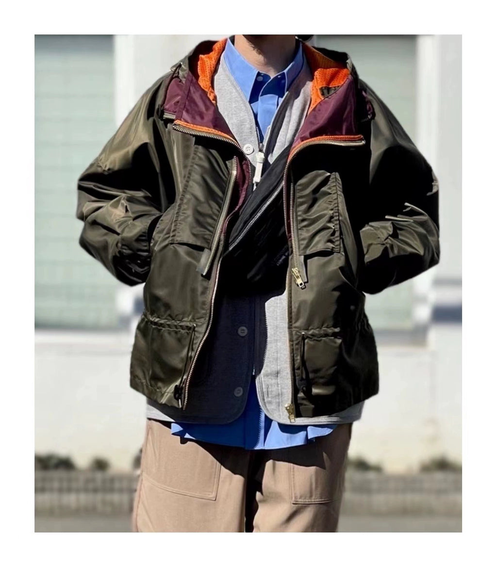 Japanese style two-color nylon waterproof double zipper loose hooded long-sleeved jacket