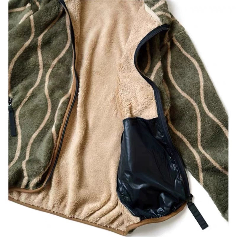 Japanese Tang grass fleece wavy stripe fleece zipper jacket