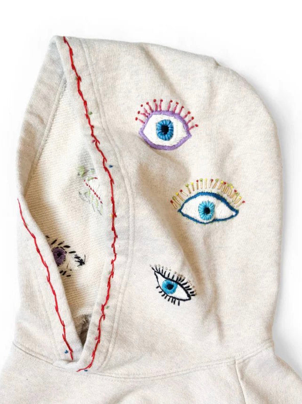 Japanese casual eyes fun embroidery cotton loose hooded sweater