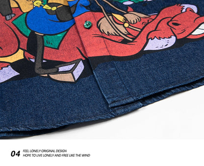 American retro fun cartoon jeans short-sleeved shirt men loose design sense niche shirt