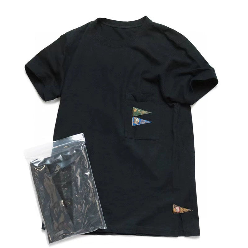 four flags embroidery slub cotton loose trend round neck short-sleeved shirt T-shirt