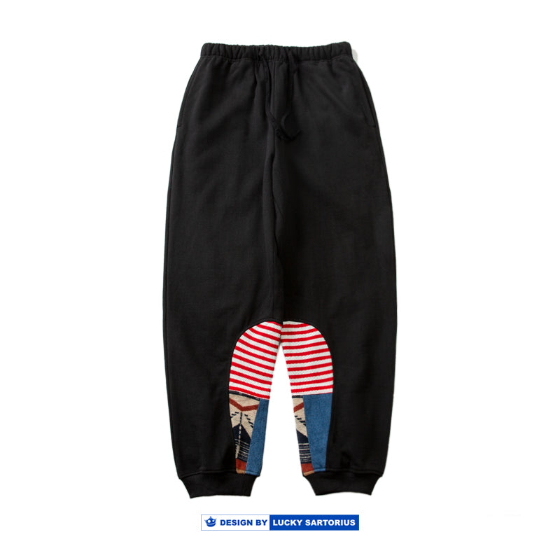 Japanese retro heavy high-gram weight cotton pants ethnic style water drop splicing elements men's elastic waist casual pants