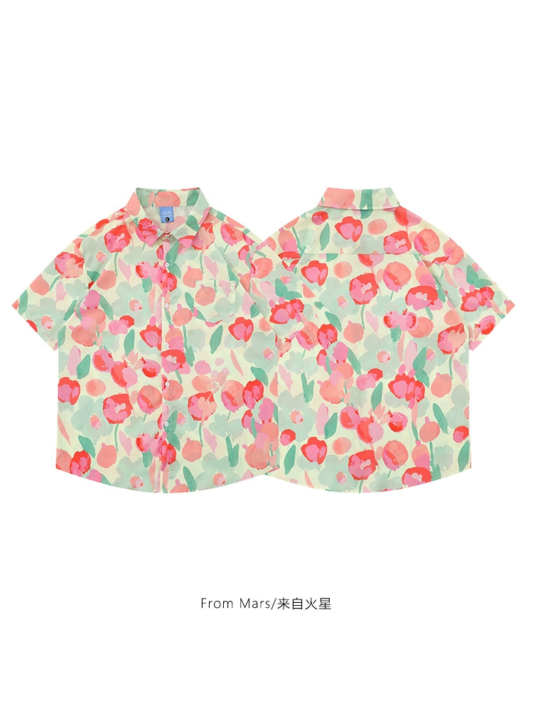 Vintage Hong Kong style printed short-sleeved shirt loose bf casual flower shirt for men and women