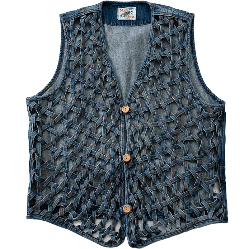 Hand-woven cut-out casual loose denim vest jacket for young men and women