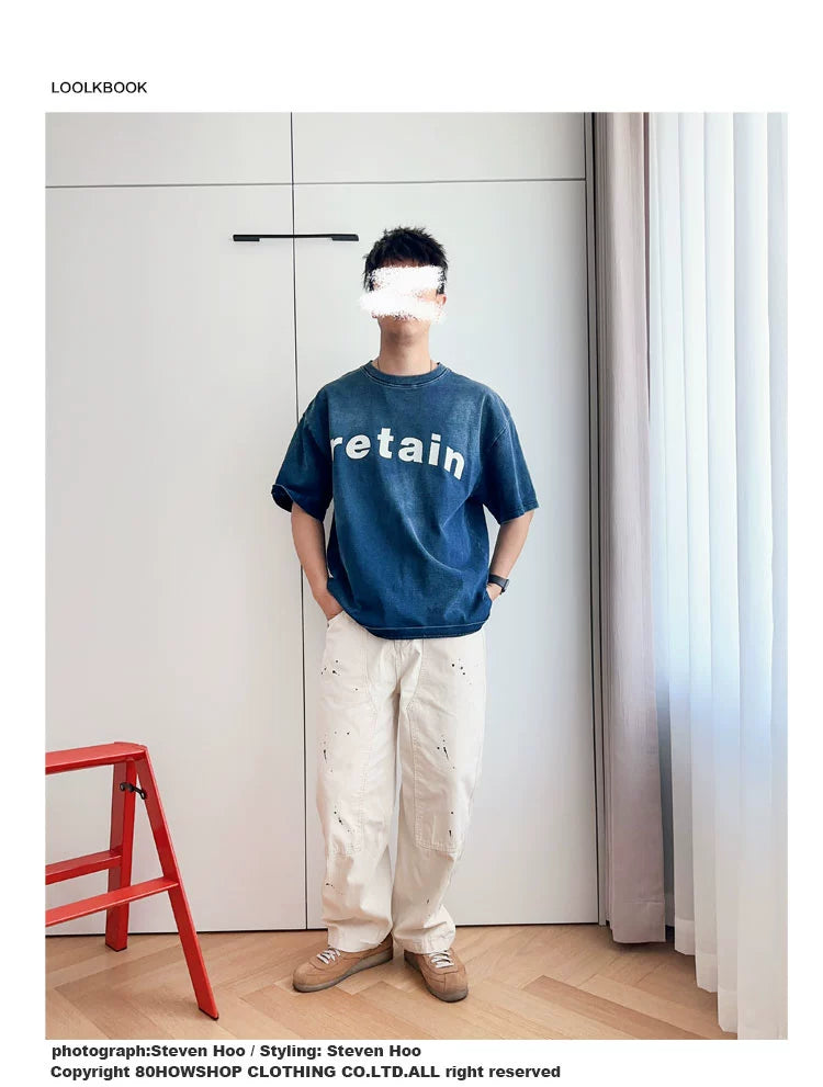 Japanese retro high grammage 320g washed indigo crew neck pullover short sleeve T-shirt English print T-shirt for men and women