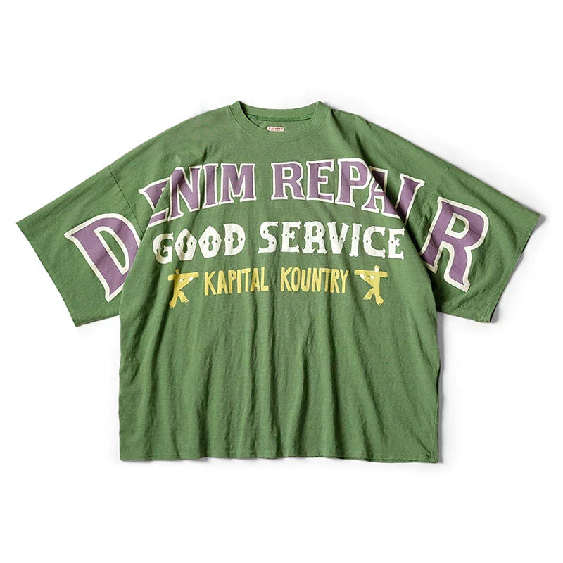 Japanese casual loose cotton green letter print dropped-shoulder short-sleeved T-shirt