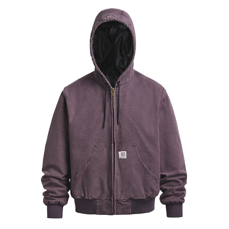 Vintage Wash Distressed Cargo Hoodie Jacket – Thermal Insulated Men's Coat