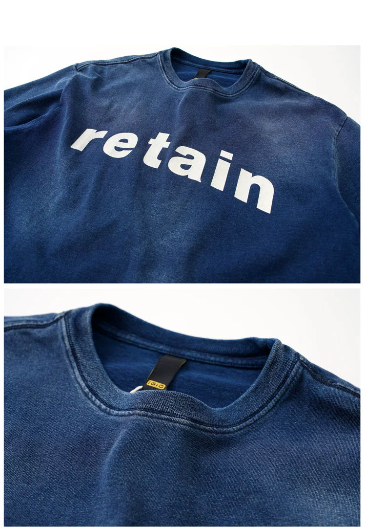 Japanese retro high grammage 320g washed indigo crew neck pullover short sleeve T-shirt English print T-shirt for men and women