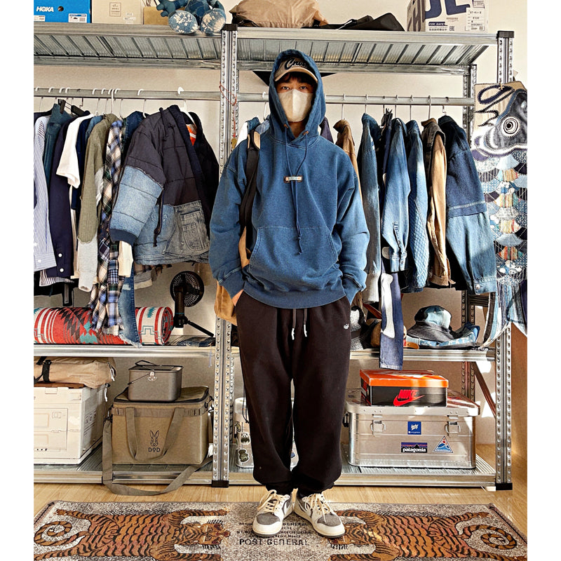 spring and summer new indigo dyed hooded sweater retro presbyopia patchwork men's jacket