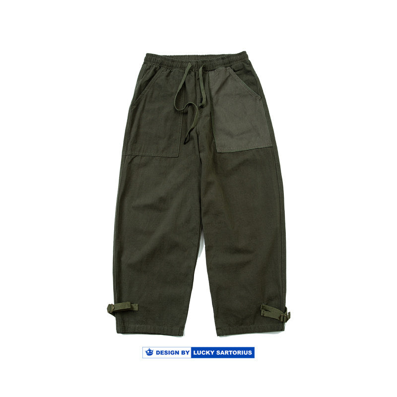 Japanese style men's clothing personality color block stitching elastic waist loose couple men and women slub cotton casual pants trend | Japanese vintage | yamalin clothes | Yamalinclothes