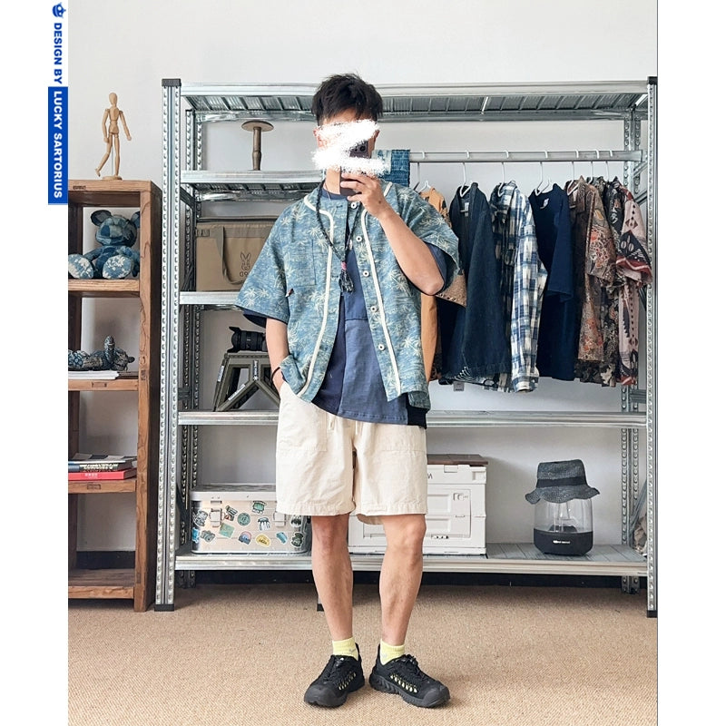 Japanese vintage island coconut tree pattern denim loose collarless short-sleeved shirt in summer layered with jackets for men and women