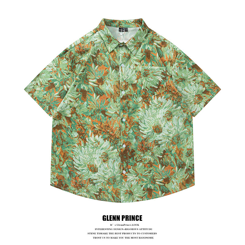 vintage vintage Hawaiian oil painting short sleeve floral shirt men's Thai high-quality handsome shirt