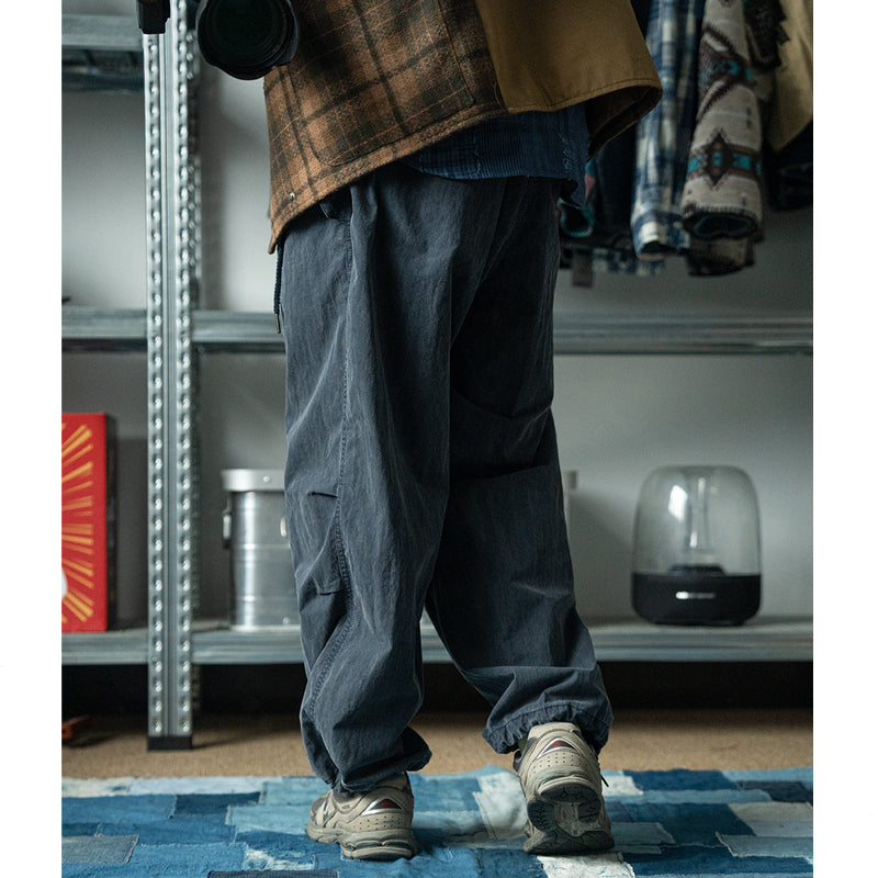 Washed, distressed, navy blue, loose straight-leg, wide-leg slacks, tucked in paratroopers, cargo pants, men's and women's