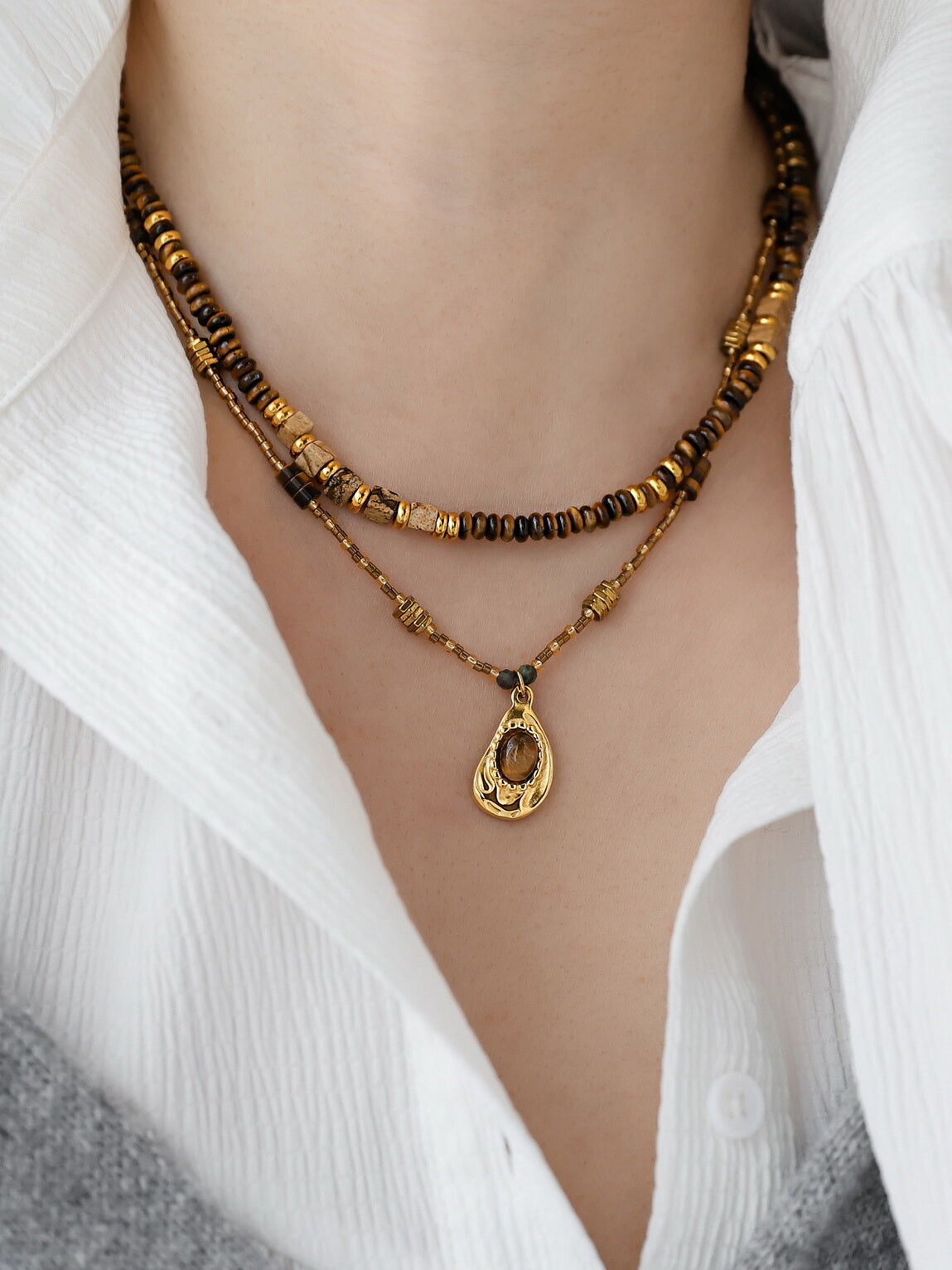 British [designer] Make Kana Maillard style natural tiger's eye necklace stacked clavicle chain ornament