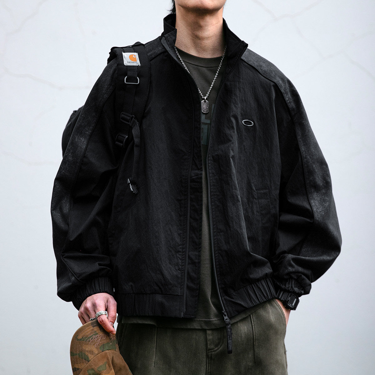Spliced Textured Stand-Collar Jacket – American Retro Oversized Unisex