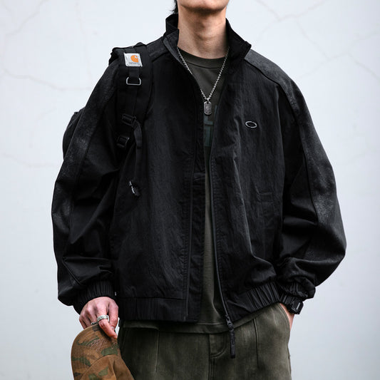 Spliced Textured Stand-Collar Jacket – American Retro Oversized Unisex