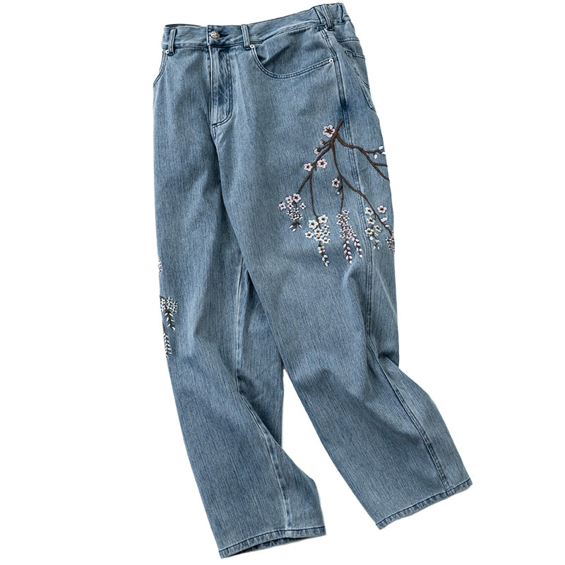 Plum Blossom Embroidery Skinny Washed Jeans