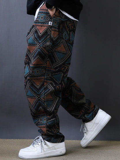 2025 Pound Ounce Ethnic Style Print Loose Tapered Trousers Men's Street Skateboarding Niche Vintage Jeans