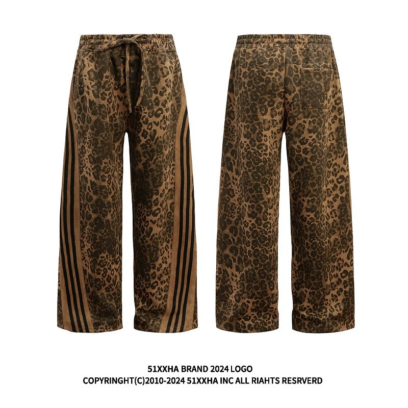 hip-hop American retro striped wide-footed leopard print pants, men's trendy brand, niche design, loose straight-leg slacks