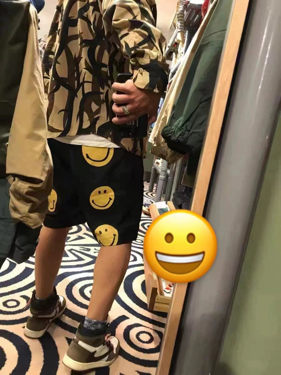 smiling face print Japanese retro trendy loose men's and women's casual shorts