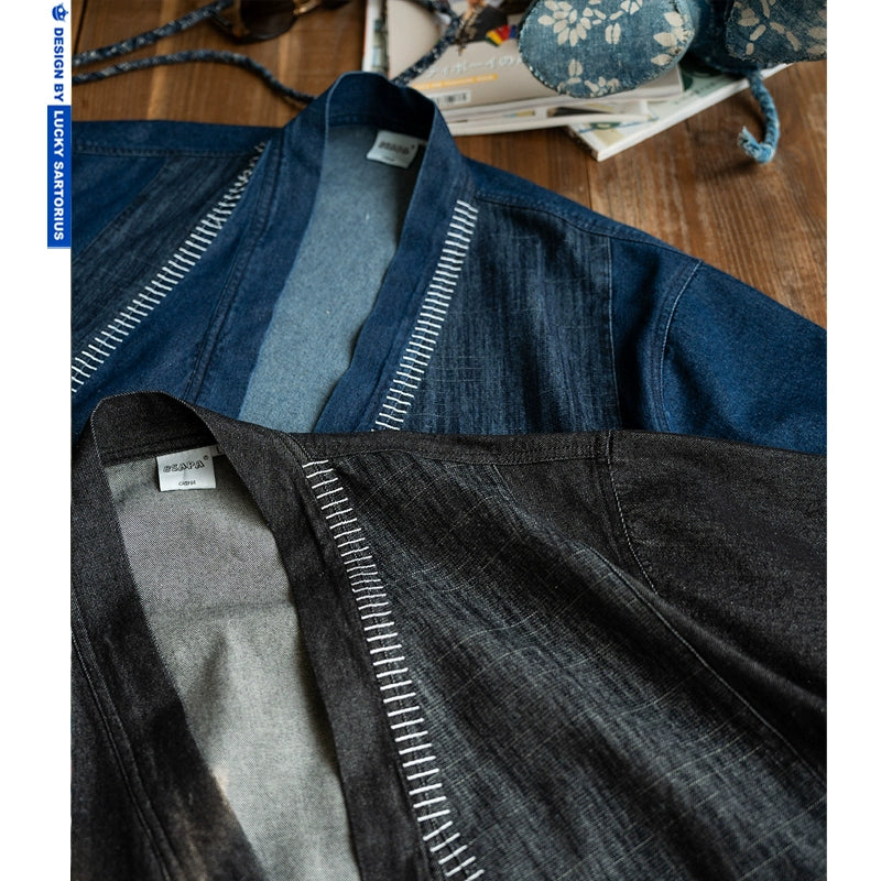 Japanese ethnic style embroidery denim multi-material stitching, loose and lazy, casual retro robe, jacket for men and women