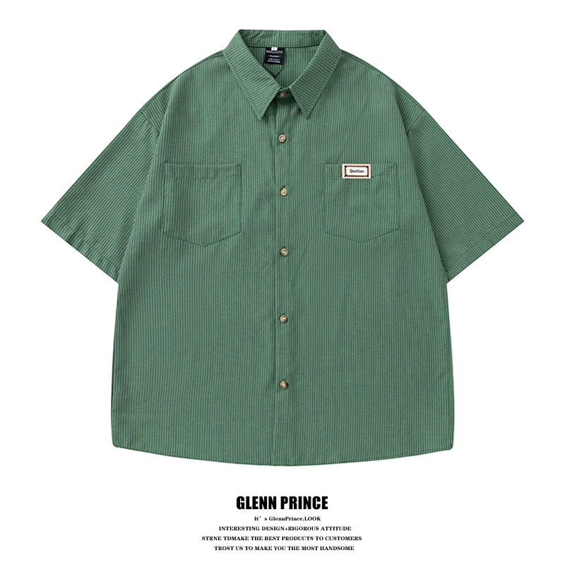 Japanese fashion brand embroidered vertical stripe short sleeve shirt men's summer thin casual and versatile silhouette shirt