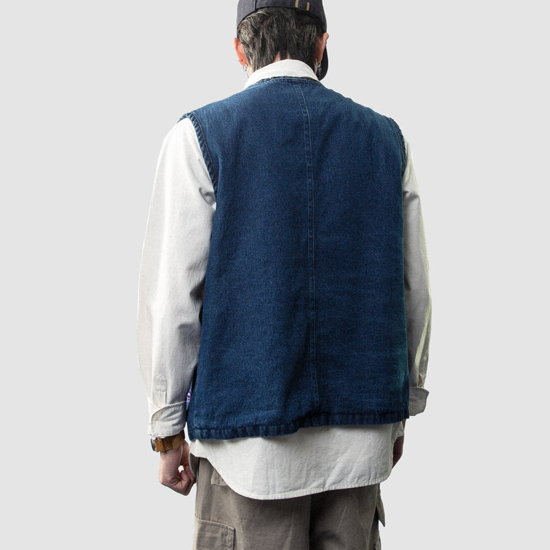 Spring and summer Japanese men's three-dimensional multi-pocket frock style jeans vest outdoor outer men's fashion