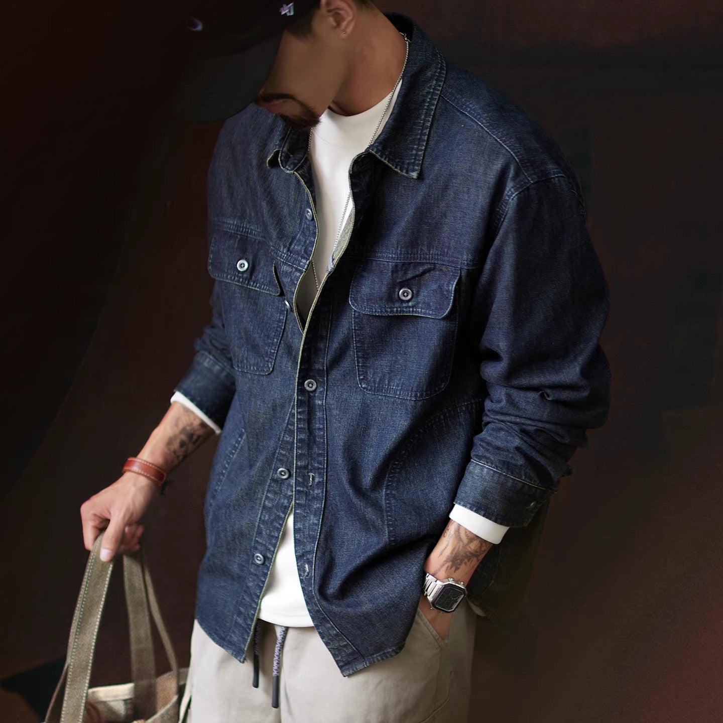 American Workwear Long Sleeve Denim Shirt Jacket - Loose Casual Vintage Denim Overshirt for Men