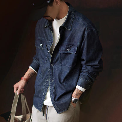 American Workwear Long Sleeve Denim Shirt Jacket - Loose Casual Vintage Denim Overshirt for Men
