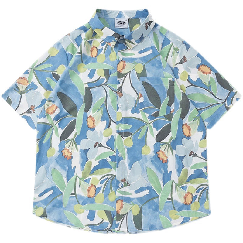 Japanese retro floral full-print short-sleeved shirt tide oversize lovers cardigan