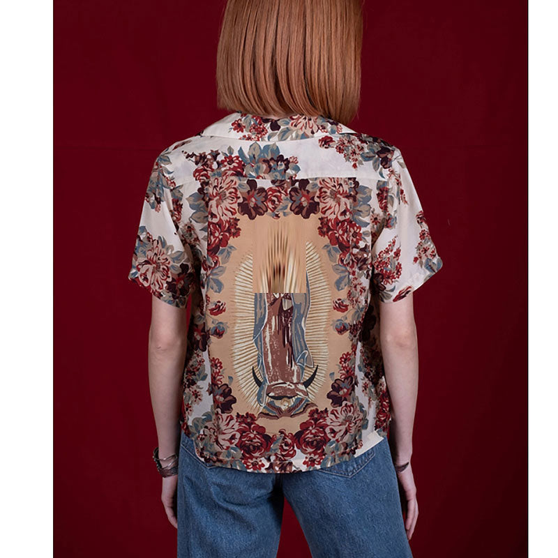 Portrait floral print casual lapel short-sleeved shirt
