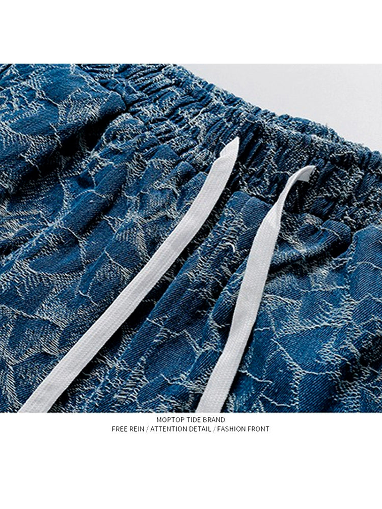 retro rose jacquard texture casual denim shorts men ins street hip-hop straight