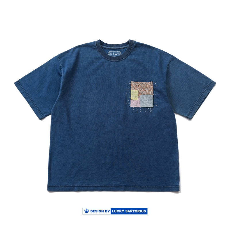 Japanese men's indigo dyed hand-embroidered patch loose short sleeve T-shirt men's summer crewneck T-shirt for men and women