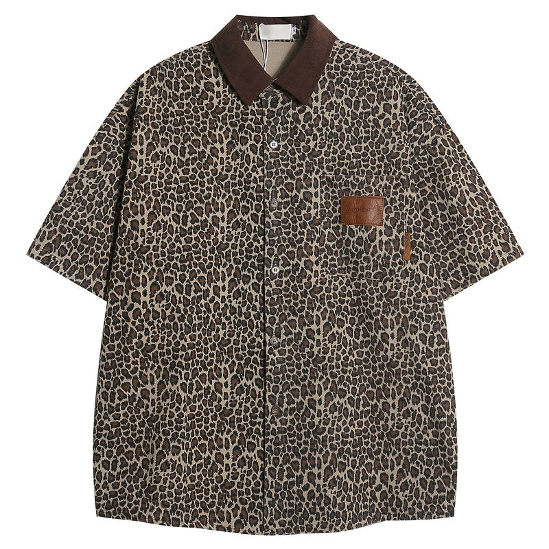 hip-hop American retro vintage leopard print polo collar denim short-sleeved men's and women's trendy brand fried street heavy shirts