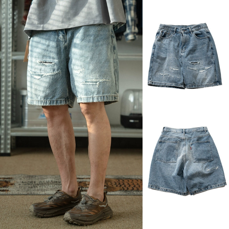 Japanese cityboy loose straight patch embroidered patch washed distressed denim shorts men's and women's trend